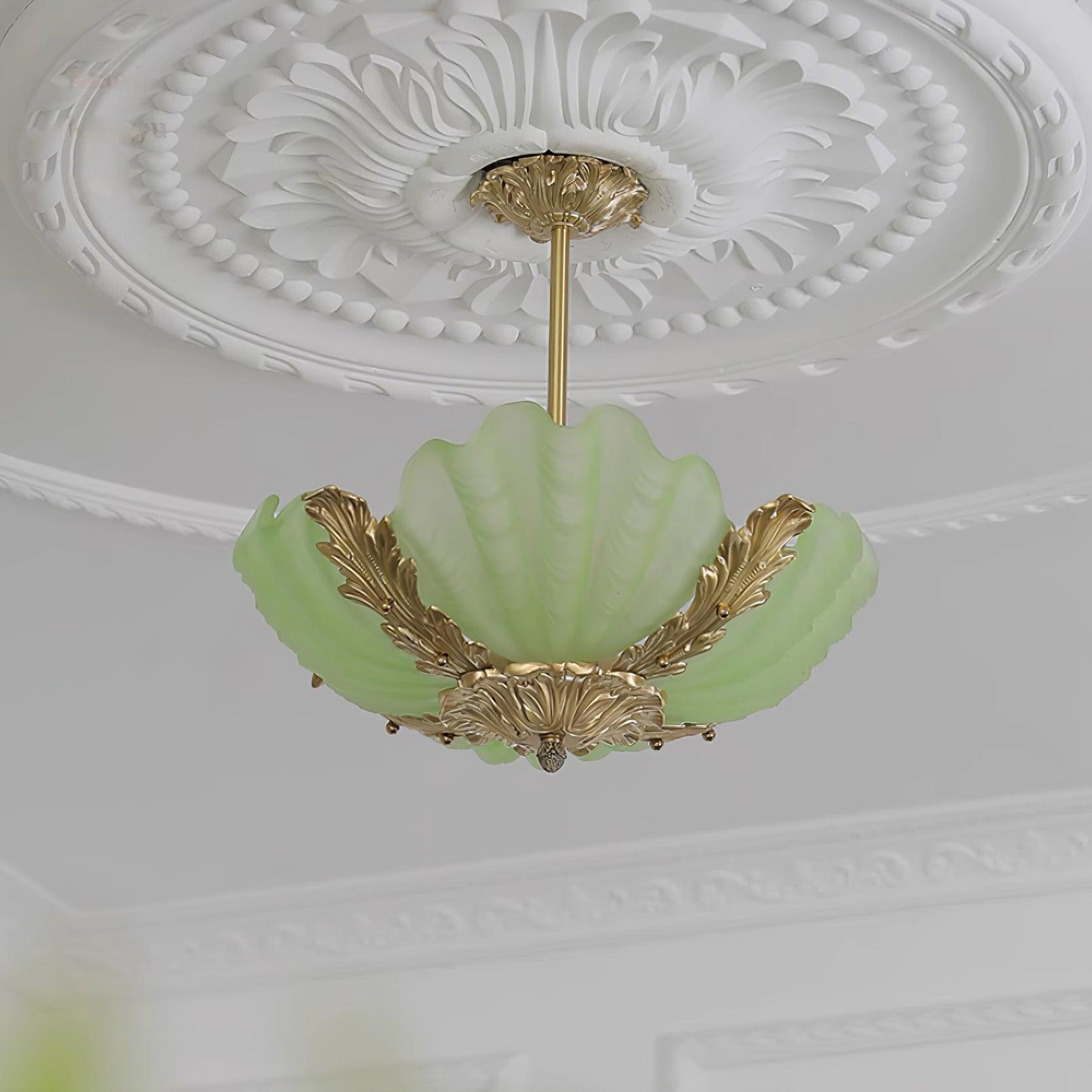 Pink Murano Glass Shell Pendant Lamp With Brass Baroque